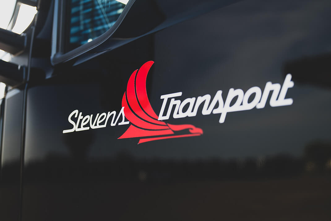 Image of Stevens Transport truck cab, close up